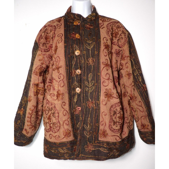 Blue Sky Patchwork Cardigan Jacket Large Boho Artsy Embroidery Quilted 90s READ - Picture 1 of 16